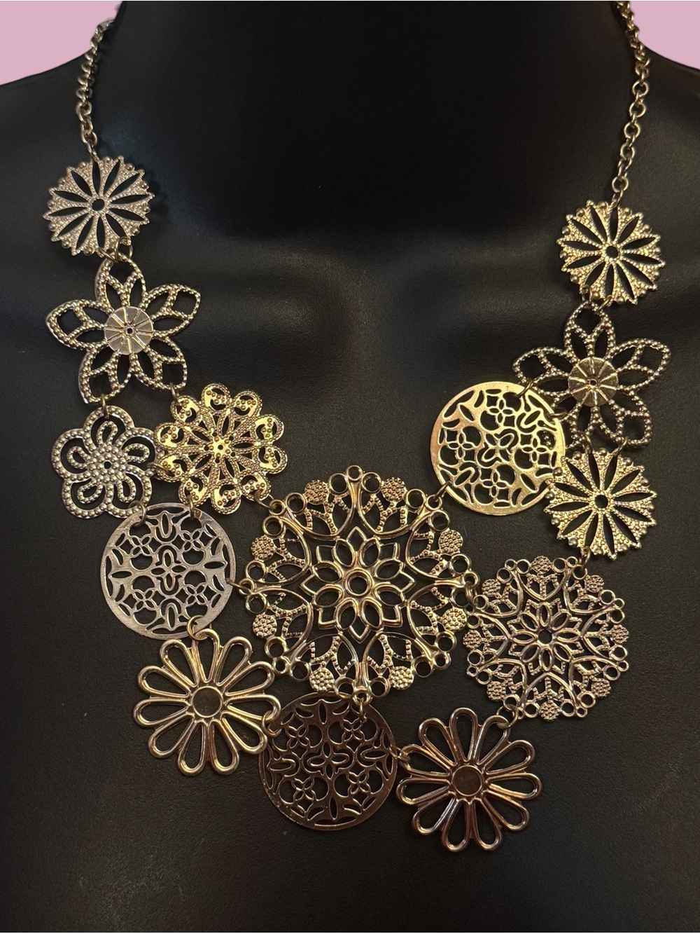 Gold tone filigree floral statement necklace
